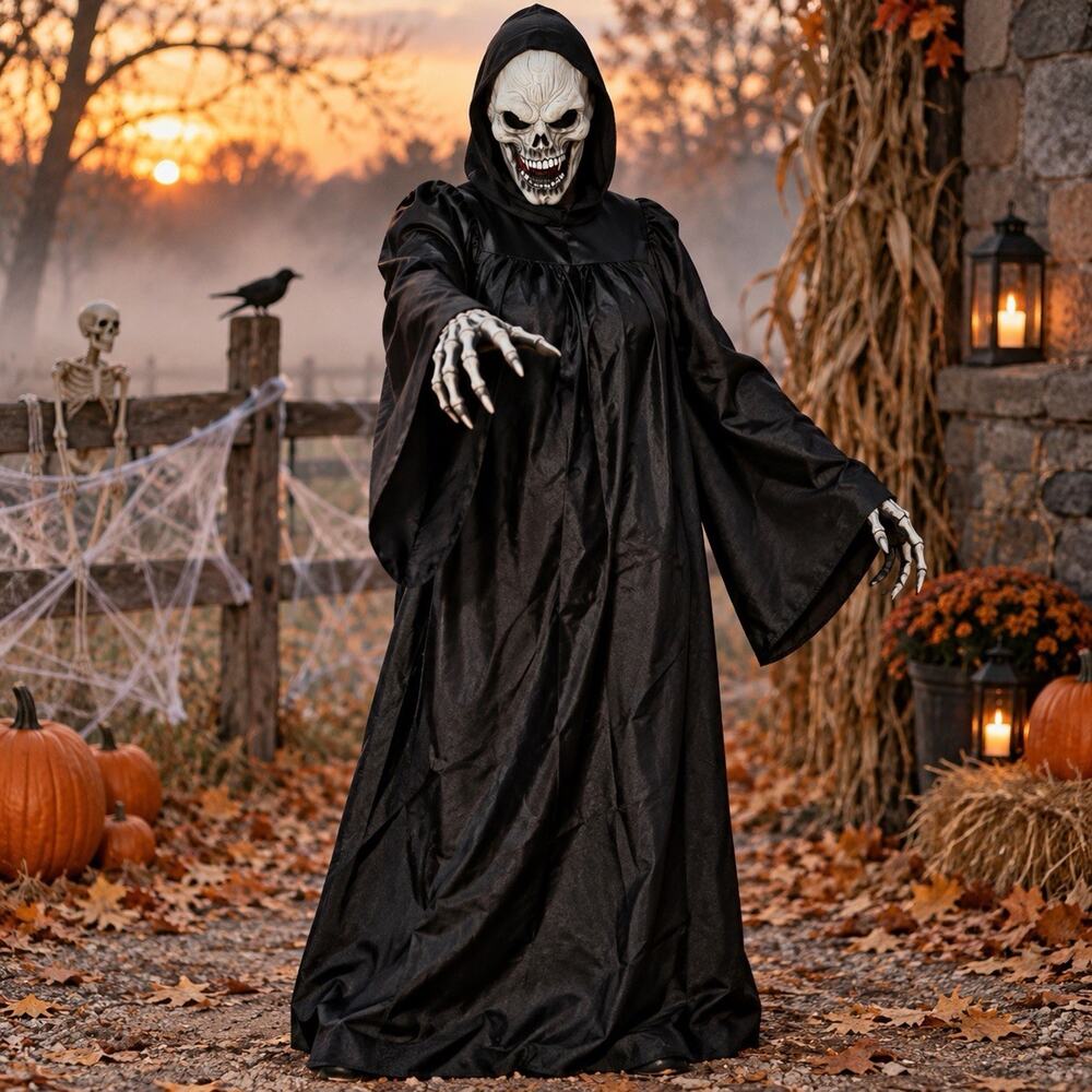 Grim Reaper Skull Mask Hooded Robe Costume Adult Halloween Horror Scary Gothic